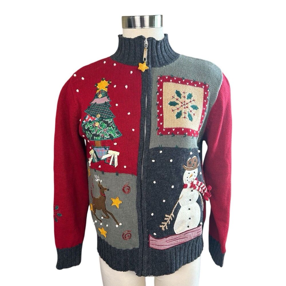 Karen Scott VTG Christmas Patchwork Snowman Full Zip Sweater Cardigan Sz S